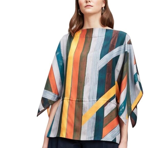 Nehera  Boat Neck Bater Silk Multi Colored Stripe Blouse - Picture 1 of 16